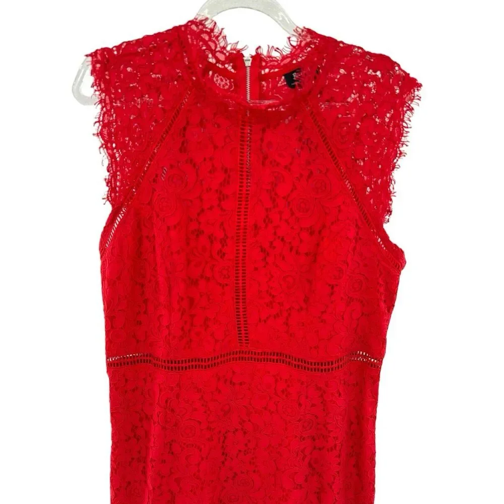 BARDOT Red Lace Mock Neck Lined Sheath Dress Size US 10 / Large Wedding Guest - Picture 3 of 8